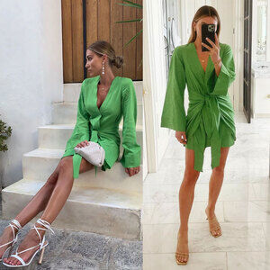 L’Academie The Janeiro Linen Wrap Mini Dress Green Size S Revolve Blogger Fav